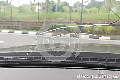 Perspective view of cracked car windscreen or windshield Stock Photo
