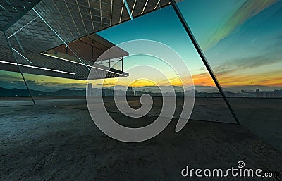 Perspective view of empty cement floor with steel and glass facade modern building exterior Stock Photo