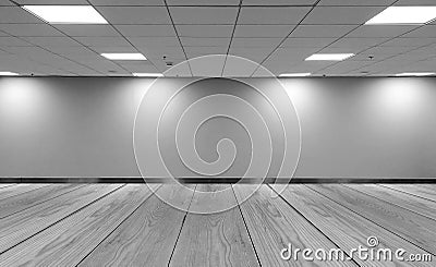 Perspective view Empty Space Monotone Black White Office Room with Row Ceiling LED Light Lamps and Lights Shade on Wall Stock Photo