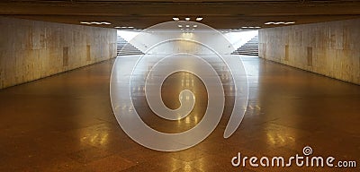 Perspective View of Empty Underground Tunnel Hallway, Pavement, Walkway in Vintage Design LED Light Ceiling Pattern Stock Photo