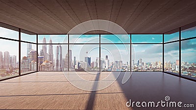 Perspective view of empty wood floor and cement ceiling interior with city skyline view Stock Photo