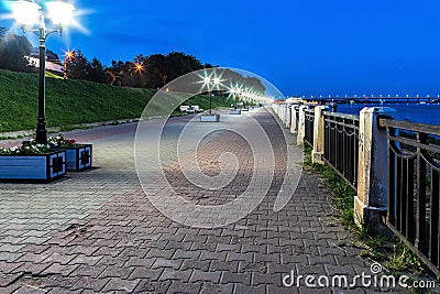 Russia, Kostroma, August 2020. Lanterns on the Volga River embankment in the evening. Editorial Stock Photo