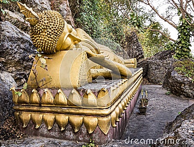 Golden Sleeping Buddha - Mount Phou Si, Luang Prabang Stock Photo