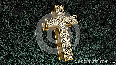 Perspective View Luxury Gold Shiny Floral Metal Style Cross Jesus Christianity Symbol On Dark Green Floral Metal Floor 3D Stock Photo