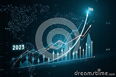 Perspective view of growing financial chart with rising up arrow on dark green background with world map. Currency and Stock Photo