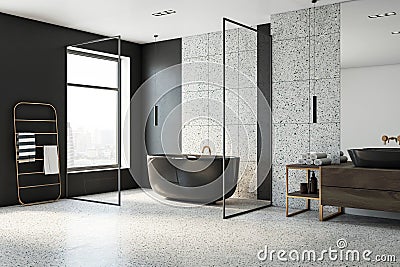 Perspective view of loft bathroom interior design with stone grey floor, black and stone walls and window with city view. Stock Photo