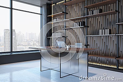 Perspective view on modern office cabinet with stylish transparent work table, modern laptop, city view from panoramic window and Stock Photo
