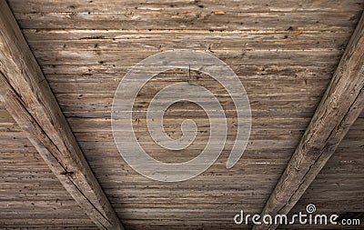 Perspective view of old wooden ceiling with cross beams Stock Photo