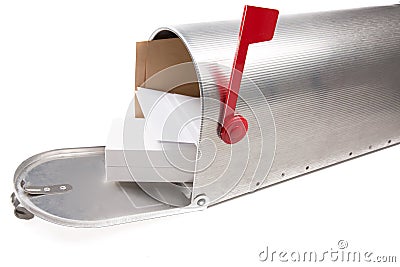 Perspective view of an open old school retro tin mailbox bulging with a pile of letters and box parcel on white backgroun Stock Photo