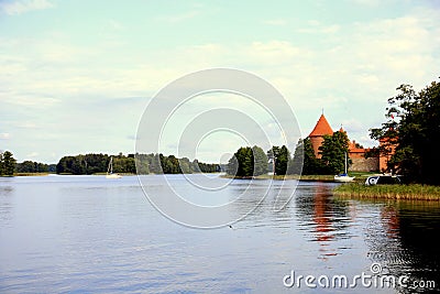 Perspective view and sailboat, lake GalvÃ© and the Trakai Castle, Vilnius, Lithuania Stock Photo
