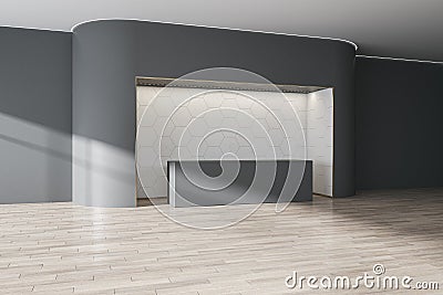 Perspective view on stylish blank front desk with space for your logo on light wall polygonal print background in spacious sunlit Stock Photo