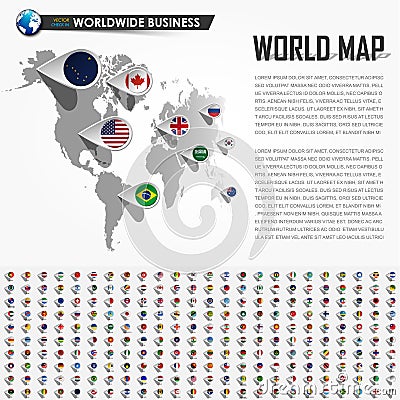 Perspective world map and GPS navigator location pin with all national country flag elements of the earth . Vector Vector Illustration