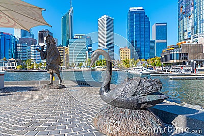 PERTH, AUSTRALIA, JANUARY 18, 2020: Statue of black swan and Bessie Mabel Rischbieth in Perth, Australia Editorial Stock Photo