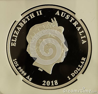 2018 Perth Mint Chinese Myths Legends Silver Proof Coin Queen Elizabeth II Portrait Precious Metal Dragon Phoenix Bird Pearl Myth Editorial Stock Photo