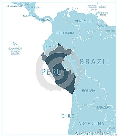 Peru - blue map with neighboring countries and names Cartoon Illustration