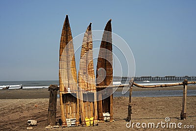 Peru Chiclayo tropical beaches with artisanal reed fishing boats Stock Photo