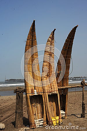 Peru Chiclayo tropical beaches with artisanal reed fishing boats Stock Photo