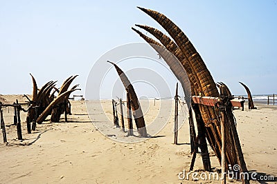 Peru Chiclayo tropical beaches with artisanal reed fishing boats Stock Photo