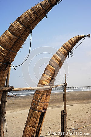 Peru Chiclayo tropical beaches with artisanal reed fishing boats Stock Photo
