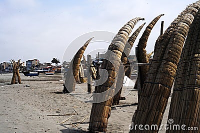 Peru Chiclayo tropical beaches with artisanal reed fishing boats Stock Photo