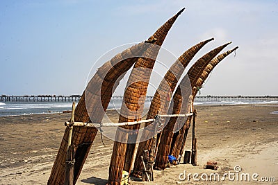 Peru Chiclayo tropical beaches with artisanal reed fishing boats Stock Photo