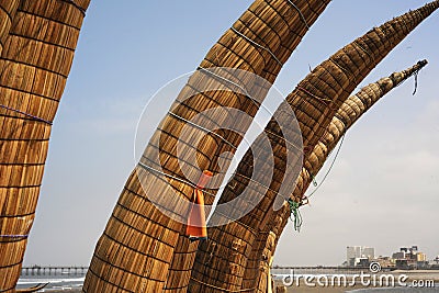 Peru Chiclayo tropical beaches with artisanal reed fishing boats Stock Photo