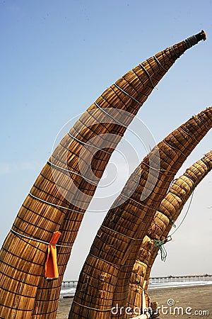 Peru Chiclayo tropical beaches with artisanal reed fishing boats Stock Photo