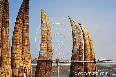 Peru Chiclayo tropical beaches with artisanal reed fishing boats Stock Photo