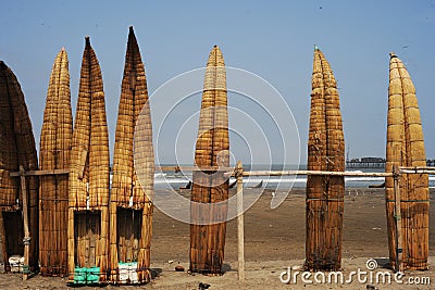 Peru Chiclayo tropical beaches with artisanal reed fishing boats Stock Photo