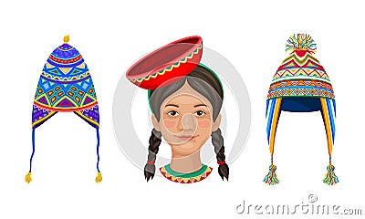Peru country related symbols set. Headwear with traditional ornament cartoon vector illustration Cartoon Illustration