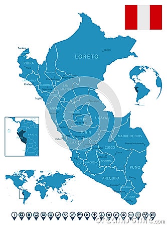 Peru - detailed blue country map with cities, regions, location on world map and globe. Infographic icons Cartoon Illustration