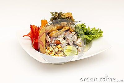 PERU DISH: Cebiche (ceviche) and chicharron with onion, called Caretillero Stock Photo