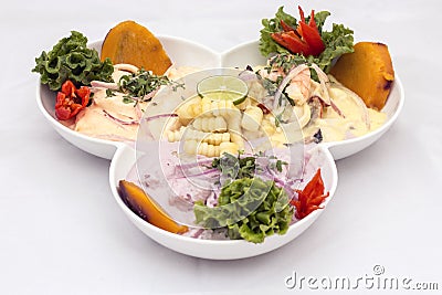 Peru Dish: 3 types of Cebiche (ceviche) Stock Photo