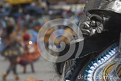 PERU, FEB 03, 2019: people with mask ,playing music and dancer in carnaval Festival of the Virgen de la Candelaria from Puno Editorial Stock Photo