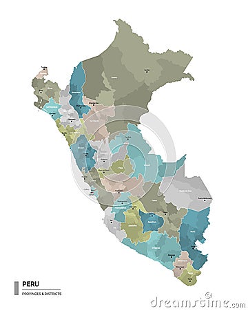 Peru higt detailed map with subdivisions. Administrative map of Peru with districts and cities name, colored by states and Vector Illustration