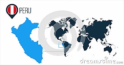 Peru map located on a world map with flag and map pointer or pin. Infographic map. Vector illustration isolated on white Cartoon Illustration