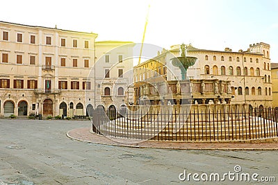 Perugia city with Piazza IV Novembre square with monumental fountain Fontana Maggiore at sunrise, Umbria, Italy Stock Photo