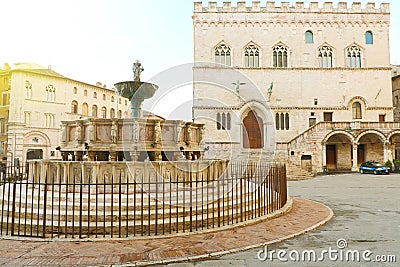 Perugia main square Piazza IV Novembre with Old Town Hall and monumental fountain Fontana Maggiore, Umbria, Italy Stock Photo