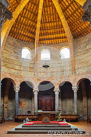 Perugia, Italy - Interior of the V century Early Christianity St. Michel Archangel Church - Chiesa di San Michele Arcangelo in Editorial Stock Photo