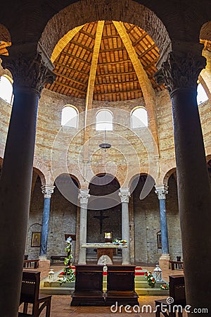 Perugia, Italy - Interior of the V century Early Christianity St. Michel Archangel Church - Chiesa di San Michele Arcangelo in Editorial Stock Photo