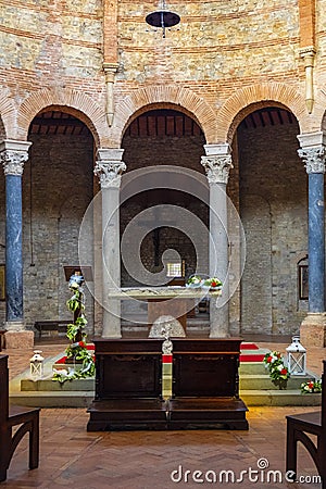 Perugia, Italy - Interior of the V century Early Christianity St. Michel Archangel Church - Chiesa di San Michele Arcangelo in Editorial Stock Photo