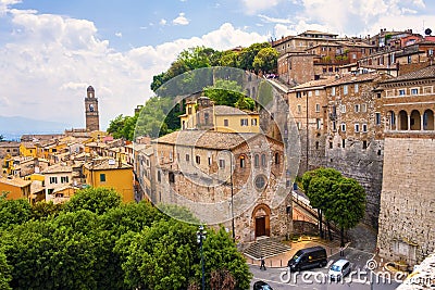 Perugia, Italy - Panoramic view of the Perugia historic quarter with the XII century St. Fortunato Church - Chiesa di Saint Editorial Stock Photo