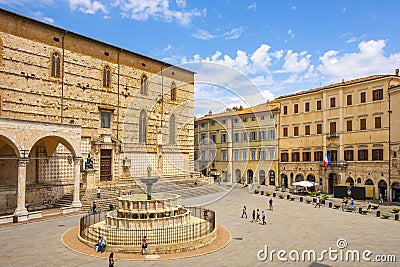 Perugia, Italy - Panoramic view of the Piazza IV Novembre - Perugia historic quarter main square with XV century St. Lawrence Editorial Stock Photo