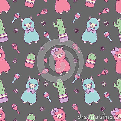 Alpaca or Lama with cactus and rumba shakers cute c cartoon style seamless pattern on dark gray background Cartoon Illustration