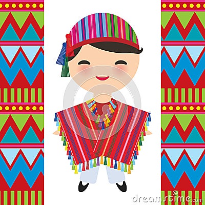 Peruvian boy in national costume and hat. Cartoon children in traditional dress Indigenous peoples of the Americas. Triangle and Vector Illustration