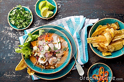 PERUVIAN CEVICHE SEBICHE. Peruvian seafood and fish sebiche with maize Stock Photo