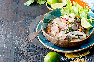 PERUVIAN CEVICHE SEBICHE. Peruvian seafood and fish sebiche with maize Stock Photo