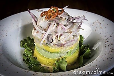 Peruvian cuisine, Cebiche, causa rellena and ceviche of fish Stock Photo