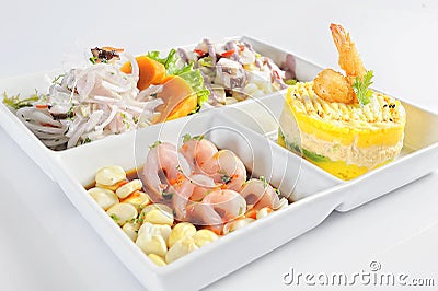 Peruvian cuisine, Cebiche, causa rellena and tiradito of fish Stock Photo