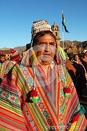 Peruvian dancer in colourful traditional clothing at the annual Fiesta del Cusco, 2019 Editorial Stock Photo